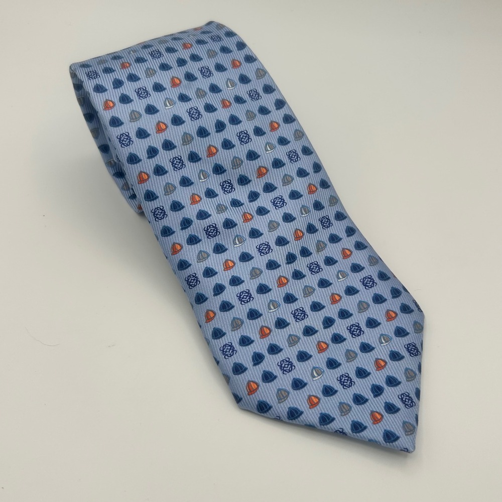 Loewe Mens Silk Tie Light Blue Orange Sports Helmet Anagram Logo Deportes Spain